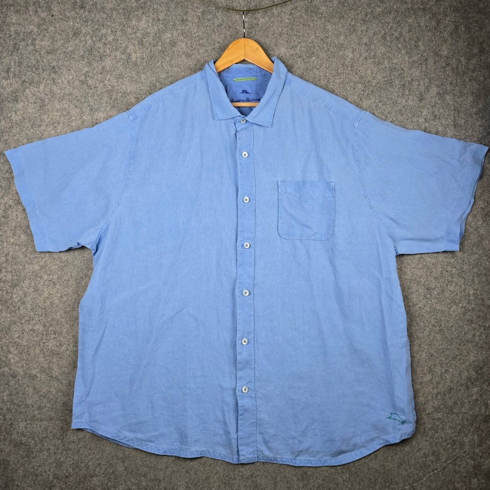Tommy Bahama Shirt Mens 2XL Blue 100% Linen Short‎ Sleeve Button Pocket Relaxed